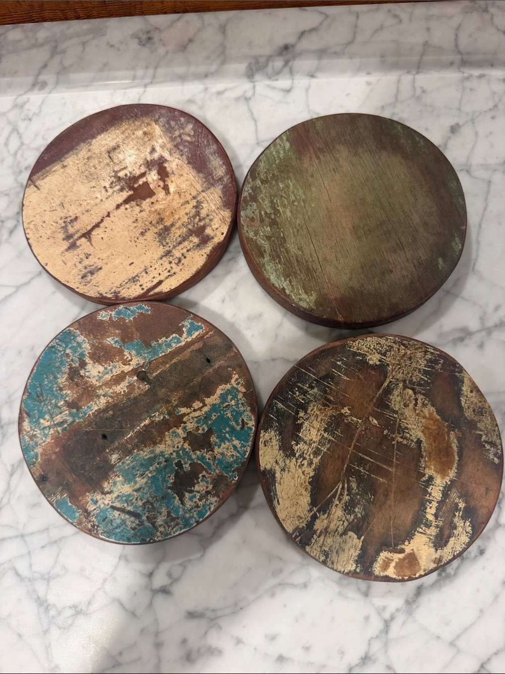 Set of 4 Distressed Round Wooden Coasters - made in India
